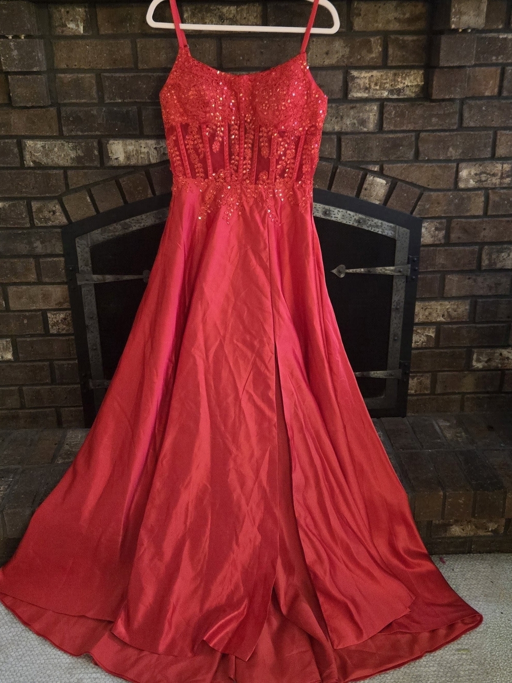 Red Beaded Spaghetti-Strap Evening Gown